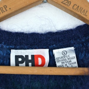 Women's Vintage 90s Paul Harris Preppy Fuzzy Acrylic Wool Mohair Dark Jewel Tone Striped Pullover Crew Neck Sweater // Size L image 8