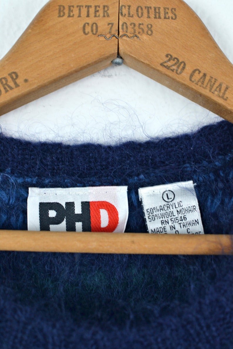Women's Vintage 90s Paul Harris Preppy Fuzzy Acrylic Wool Mohair Dark Jewel Tone Striped Pullover Crew Neck Sweater // Size L image 8