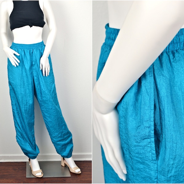 Unisex Vintage 90s Y2K Shiny Teal Blue Nylon Elastic Drawstring Waist and Zipper Ankle Athletic Track Pants Lined // Size Large