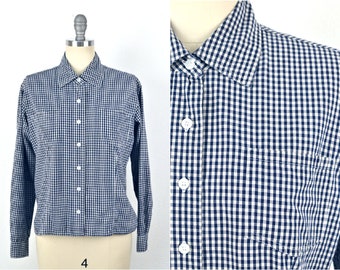 Women's Vintage 90s Paul Harris Preppy Navy Blue White Gingham Plaid Cotton Fitted Long Sleeve Button Down Collared Blouse // Size XS S