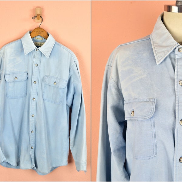 Men's Vintage 80s Super Distressed Chamois Cloth Pure Cotton Sun Bleached Ripped Light Blue Chambray Button Down Collar Shirt St. John's Bay