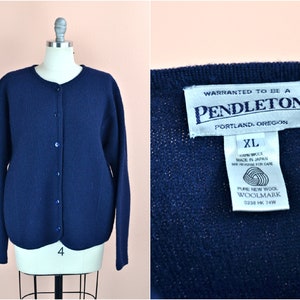 Women&#39;s Vintage 90s PENDLETON Dark Navy Blue Fuzzy Wool Structured Crew Neck Button Down Cardigan Sweater Made in Japan // Size XL