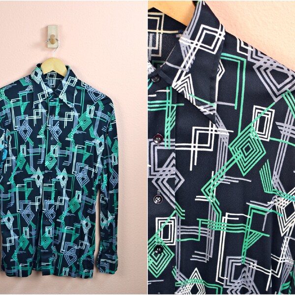 Men's Vintage 70s Disco Black Green Abstract Geometric Novelty Print Stretchy Poly Dagger Collar Button Down Slim Fit Shirt // S M