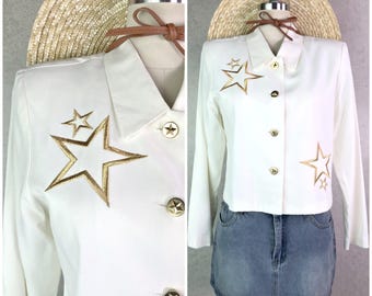 Women's Vintage 90s Off-White Boxy Unlined Blazer Jacket with Metallic Gold Embroidered Stars & Buttons by D.J. Summers // Size XS/S