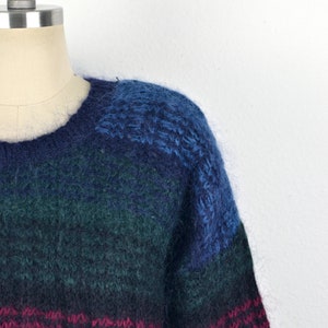 Women's Vintage 90s Paul Harris Preppy Fuzzy Acrylic Wool Mohair Dark Jewel Tone Striped Pullover Crew Neck Sweater // Size L image 7