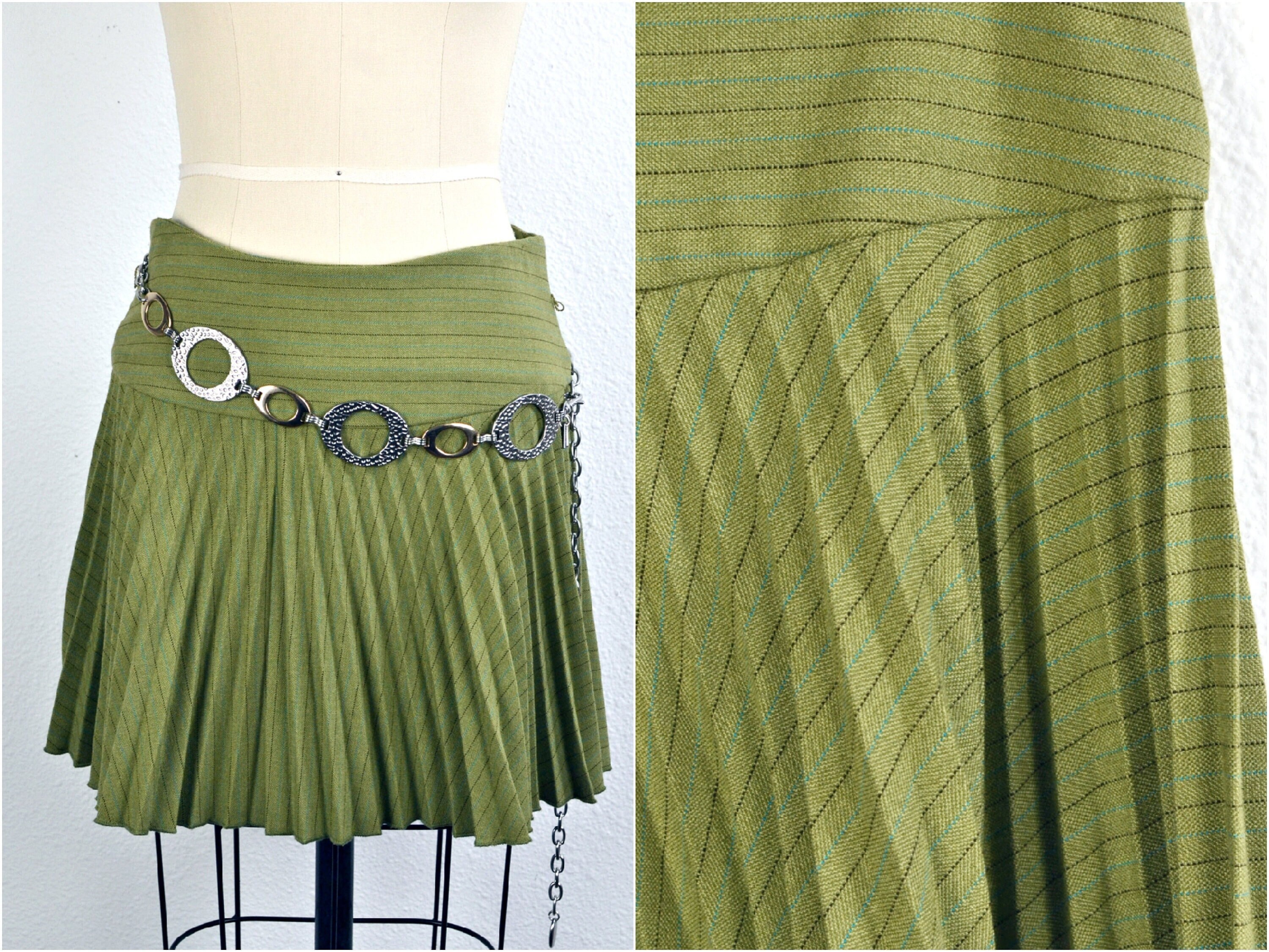 Women's Vintage Y2K Paris Hilton Style Muted Lime Green Pinstripe Super Low Rise Hip Hugger Accordion Pleat Mini Skirt // Juniors 5/6 S