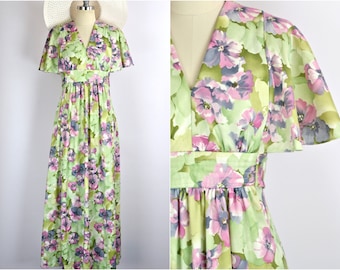 Women's Vintage 70s Boho Lime Green Lilac Oversized Floral Print Short Flutter Sleeve Long Kaftan Maxi Dress // Size S M