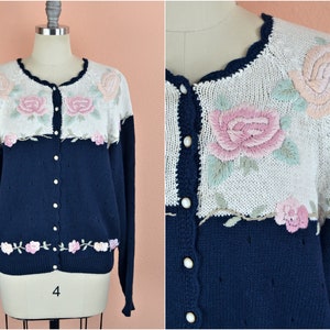 Women's Vintage 90s Navy White Pastel Pink and Peach Embroidered Rose Color Block Scalloped Edge Button Down Cardigan Sweater by Margules M