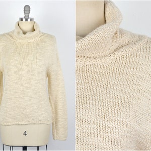 Women&#39;s Vintage 90s J.G. Hook Beige Cream Chunky Knit Soft Acrylic Blend Slouchy Cowl Neck Pullover Sweater Made in U.S.A // Size M