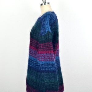 Women's Vintage 90s Paul Harris Preppy Fuzzy Acrylic Wool Mohair Dark Jewel Tone Striped Pullover Crew Neck Sweater // Size L image 5