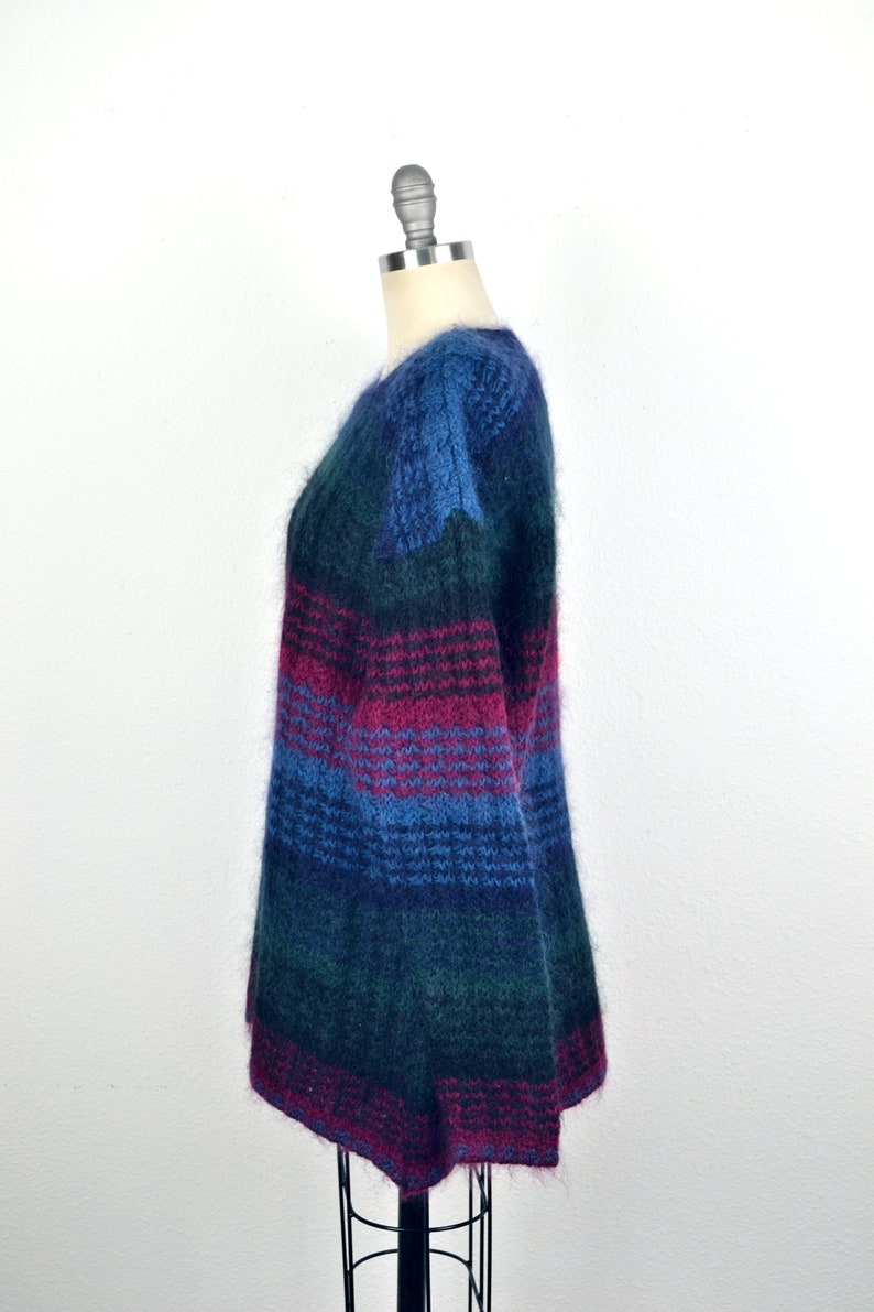 Women's Vintage 90s Paul Harris Preppy Fuzzy Acrylic Wool Mohair Dark Jewel Tone Striped Pullover Crew Neck Sweater // Size L image 5