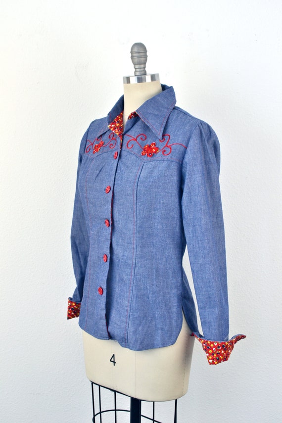 Women's Vintage 70s Blue Chambray Denim Look Long… - image 3