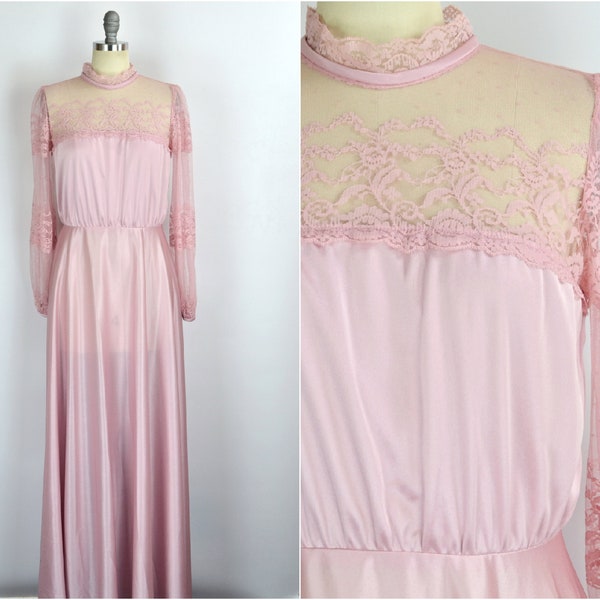 Women's Vintage 70s Boho Mauve Dusty Lilac Satiny Polyester and Lace High Neck Long Maxi Dress // Bridal Prom Formal // Size S