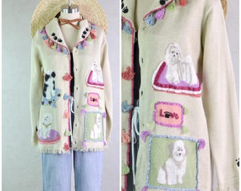 Women's Vintage Y2K STORYBOOK KNITS Shih Tzu Little Dogs on Pillows Embroidered Beaded Tassel Fringe Novelty Cardigan Sweater // Size XS