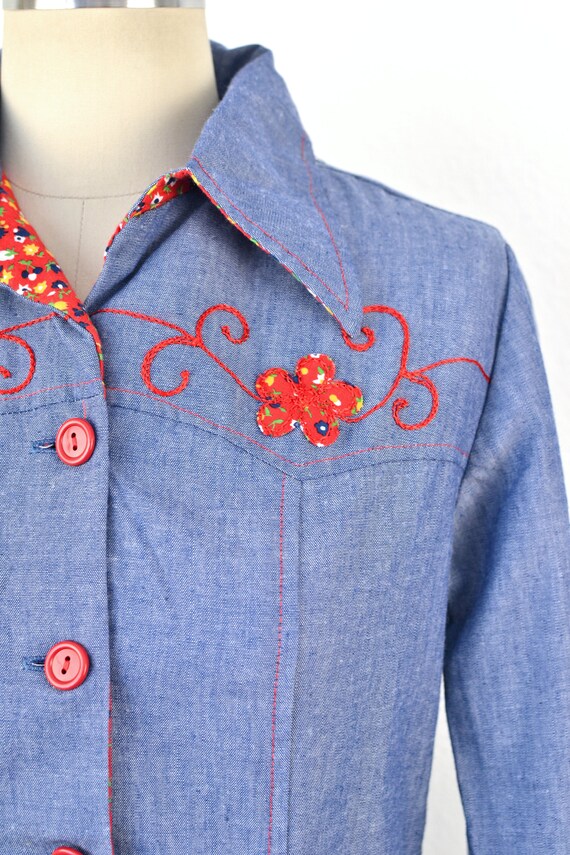 Women's Vintage 70s Blue Chambray Denim Look Long… - image 6