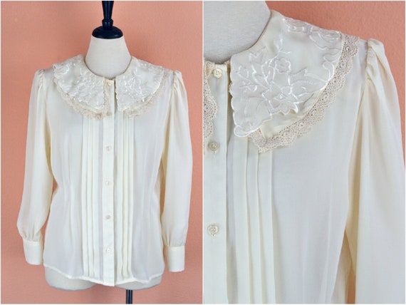 Women's Vintage 90s Cream Sheer Chiffon Lace Trim… - image 1