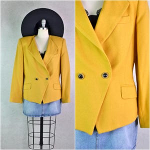 Women&#39;s Vintage 80s Mustard Yellow Wool Blend Double Breasted Pointed Front Blazer with Shoulder Pads by Jaqueline Ferrar // Size Small