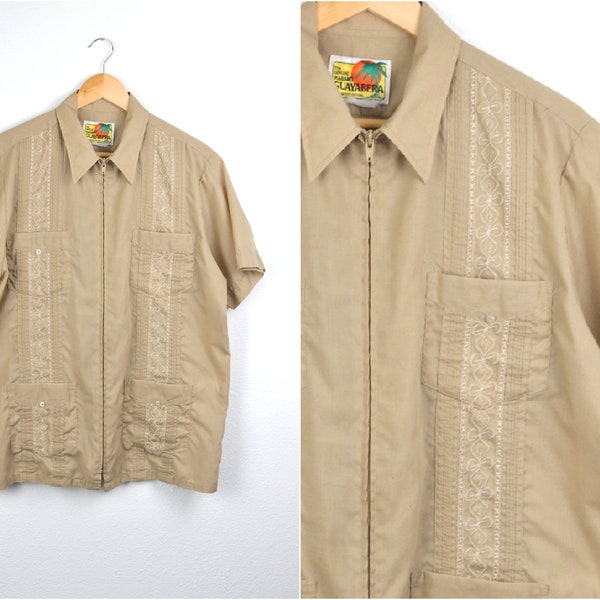 Men's Vintage 60s 70s Tan Rockabilly The Genuine Haband Guayabera Lounge Embroidered Short Sleeve Zip Up Shirt // Size M L