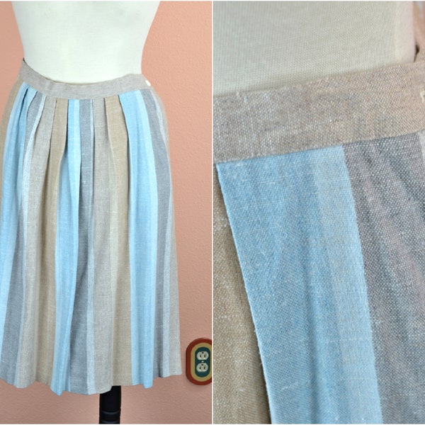 Women's Vintage 80s Plus Size Woven Light Blue Tan Gray Striped High Waist A Line Midi Pleated Front Skirt with Pockets // Size 2XL - 3XL