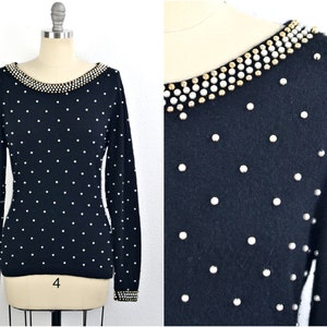 Women&#39;s Vintage 80s 90s Pierre Cardin Fancy Black Wool Angora Blend Faux White & Gold Pearl Beaded Scoop Neck Pullover Sweater // Size S