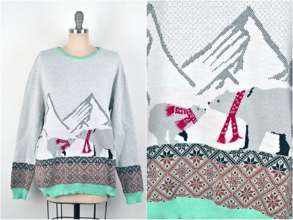 Unisex Vintage Y2K Gray White Seafoam Green Winter Polar Bears in Scarves  Mountain Ski Nordic Design Woven Pullover Crew Neck Sweater M XL