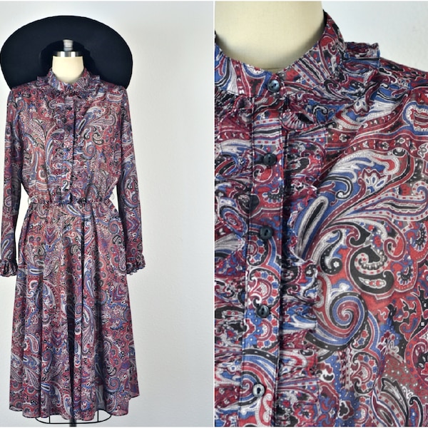 Women's Vintage 70s The Jones Girl Red Black Blue Paisley Semi Sheer Ruffle Long Sleeve Dress // Size M L