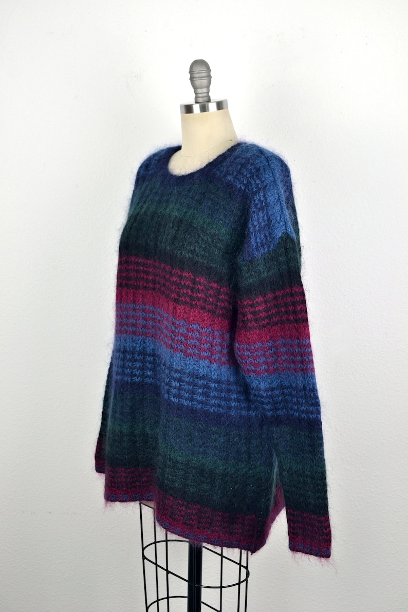 Women's Vintage 90s Paul Harris Preppy Fuzzy Acrylic Wool Mohair Dark Jewel Tone Striped Pullover Crew Neck Sweater // Size L image 4