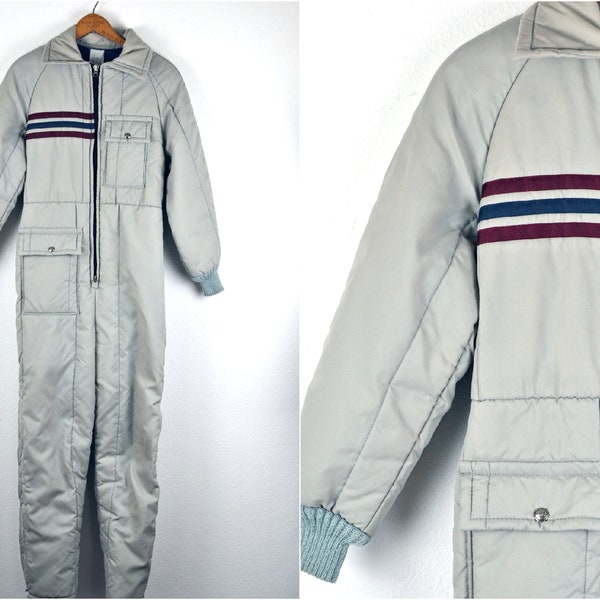 Vintage 70s Walls Blizzard Pruf Insulated Gray Navy Maroon Striped Snowsuit Jumpsuit Snowsuit Outerwear Warm Weather Skiing Coat Outfit // S