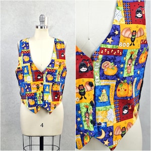 May include: A colourful vest with a patchwork design featuring Halloween-themed patterns such as pumpkins, bats, cats, and candy corn. The vest has a V-neck and is made of a soft, comfortable fabric.