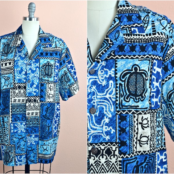 Men's Vintage 90s Bishop Street Blue Black Beige Hawaiian Sea Turtle Tribal All Over Print Short Sleeve Button Down Collared Shirt // L XL