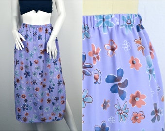 Women's Vintage 90s Y2K Handmade Lilac Purple Coral Teal Retro Groovy Floral Print Elastic Waist High Vent A Line Midi Skirt // Size M L XL