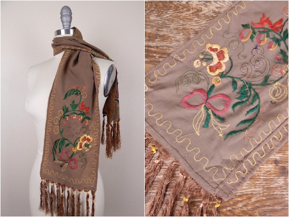 Antique 1900s Edwardian Brown Wool Fringe Edge Sca
