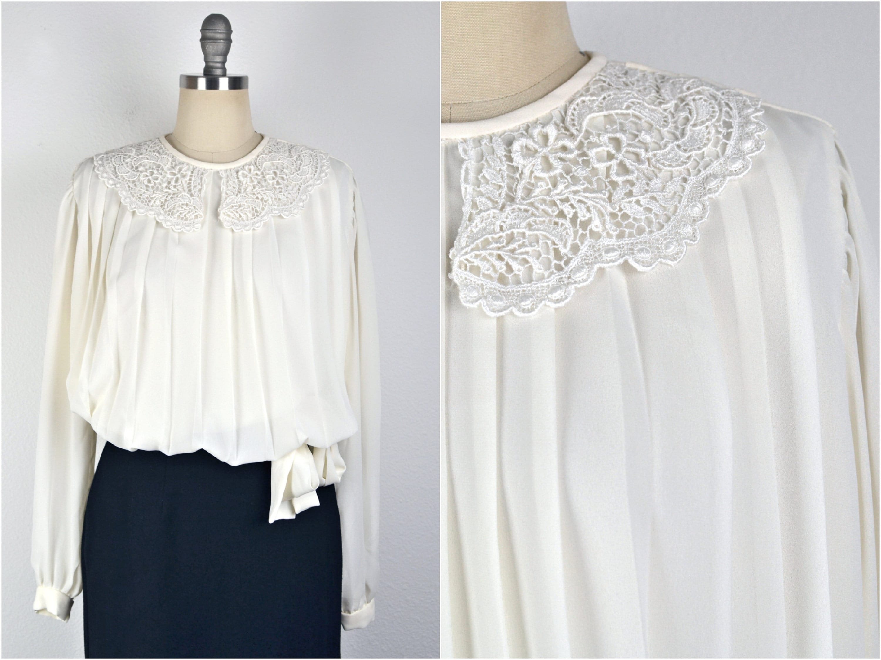 トップス vintage white lace high neck blouse Vintage 80s High Neck Lace Blouse Womens Size 2XL White