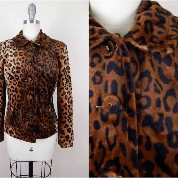 Women's Vintage 90s Y2K Punk Rave Leopard Faux Fur Fuzzy Fitted Collared Button Down Blazer Jacket with Front Pockets and Orange Lining // S
