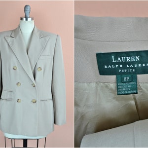 Women&#39;s Vintage Y2K Lauren Ralph Lauren Classic Beige Double Breasted Lined Polyester Blazer Jacket with Pockets // Size 8 Petite