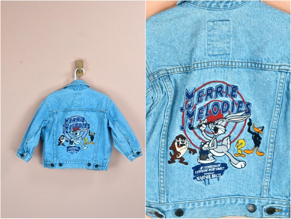 Children s Vintage 90s Looney Toons Merrie Meolides Warner Brothers Acid Wash Light Blue Denim Jacket Embroidered Cartoon Characters XXS Etsy