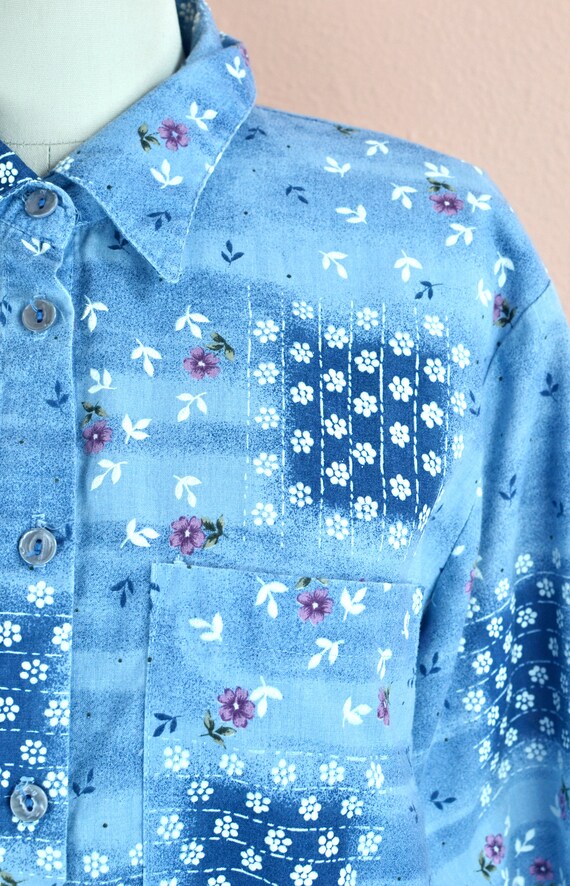 Women's Vintage 70s Groovy Blue Floral Cotton Ble… - image 4