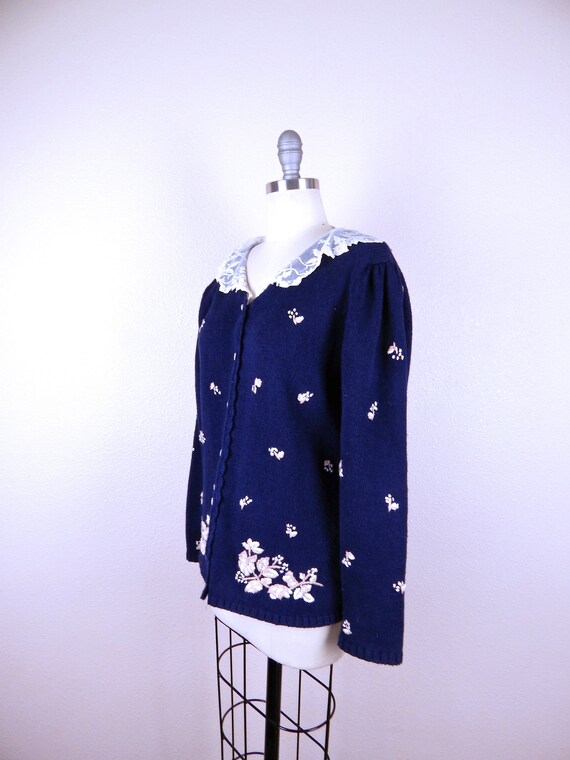 Women's Vintage 90s Navy Blue Hand Embroidered Be… - image 3