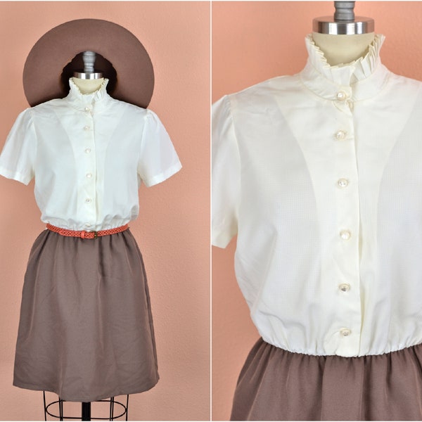 Women's Vintage 70s Mod Cream Pleated Ruffle Short Sleeve Blouse Brown Skirt Combo A Line Mini Dress by Sunshine Alley // Size S M