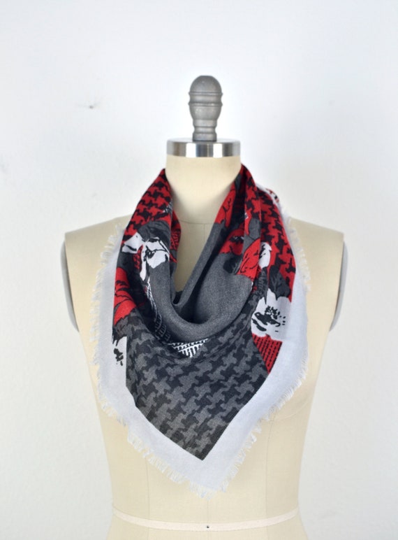 Vintage 70s Gray Black Red Floral and Houndstooth 