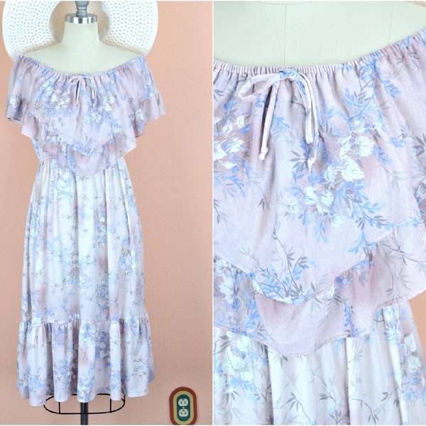 Women's Vintage 70s Romantic Boho Prairie Pale Lilac Periwinkle Floral Ruffle Off The Shoulder Cape Top Sleeveless Dress // Size XS S M