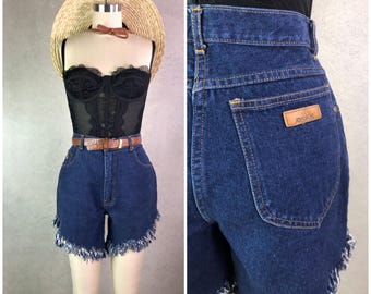 Women's Vintage 80s Jordache Dark Blue Wash High Rise Hand Fringed Cutoff Jean Shorts // 28" Waist, 6" Inseam