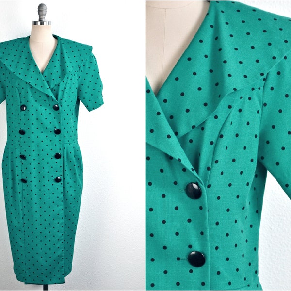 Women's Vintage Teal Green Black Polka Dot Twill Secretary Double Breasted Button Sailor Collar Pencil Dress with Pockets  // Sz 12