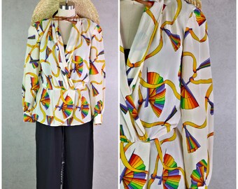 Women's Vintage 80s Francesca of Damon Purse Silk Gay Pride Rainbow Fan Novelty Print off-White Peplum Long Sleeve Wrap Blouse // Size XS/S