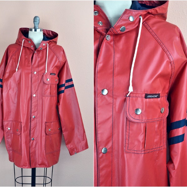 Gender Neutral Vintage 80s Jordache Red and Navy Striped Arm Snap Button Down Classic Waterproof Vinyl Raincoat with Hood // M L