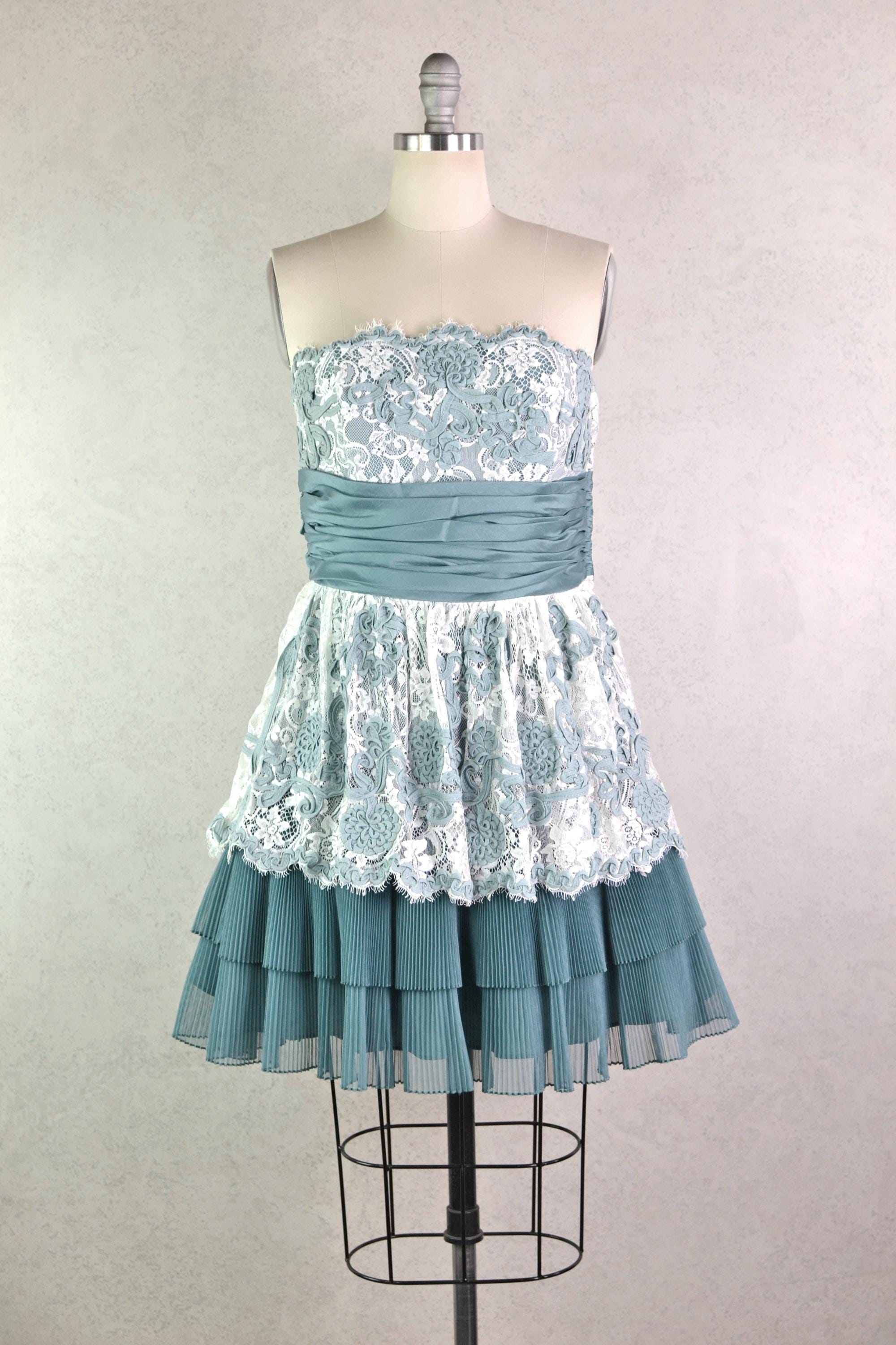 Women's Vintage Y2K Betsey Johnson Teal Satin Bow Pleated Chiffon & White  Lace Ribbon Embroidered Tiered Strapless Party Dress / Size 10 - Etsy