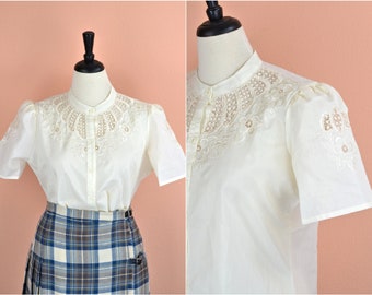 Women's Vintage 80s Cream Embroidered Cut Out Floral Lace Short Puffy Sleeve Button Down Blouse // L XL