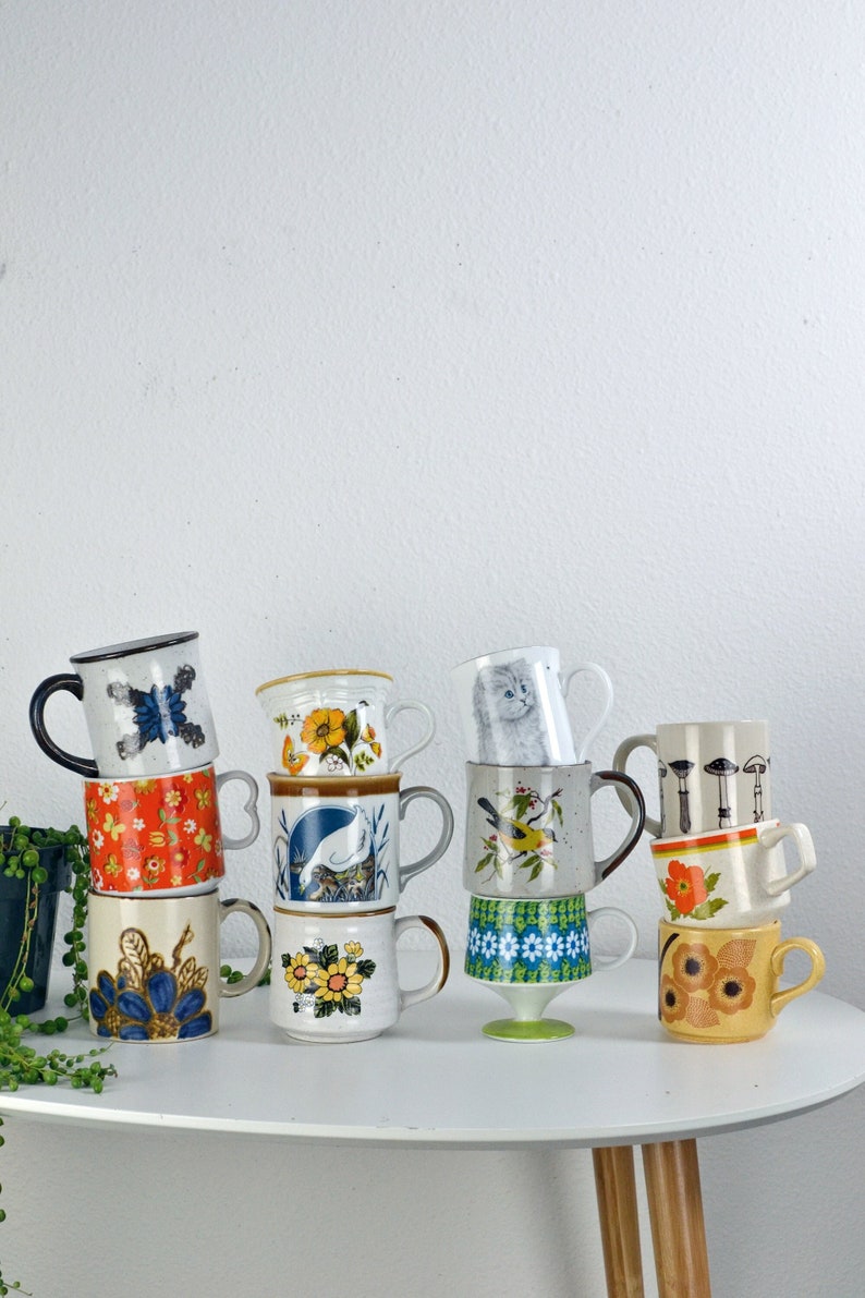 YOU CHOOSE: Vintage 60s 70s 80s Ceramic Mug / Earthenware / Floral / Geese / Kitten / Groovy / Mushrooms image 1