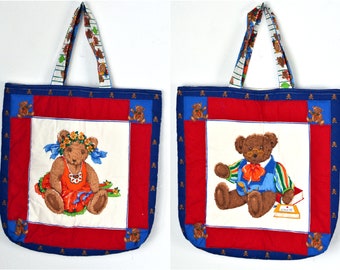 Vintage 90s Handmade Country Cottage Core Prim Quilted Padded Teddy Bear Printed Theme Double Sided Top Handle Open Cotton Fabric Tote Bag