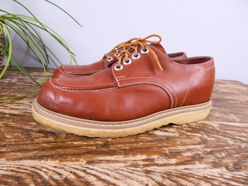 Men/'s Vintage 70s Cognac Brown Leather Toughlite Rajah Crepe Gum Sole Lace Up Derby Boat Top Stitched Oxford Moccasin Shoes Size 10.5 10